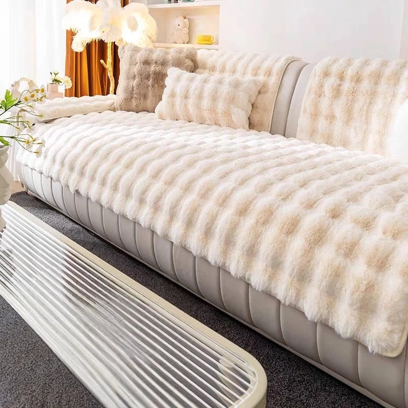 Thicken Imitation Rabbit Fur Plush Sofa Slipcover Non-slip Soft Sofa Towel Couch Cushion Cover for Living Room Modern Home Decor