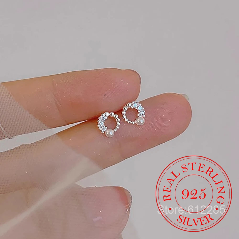 925 Sterling Silver Jewelry Unique Round Crystal Pearl Stud Earrings for Women Wedding Party Jewelry For Girls Friend Gift