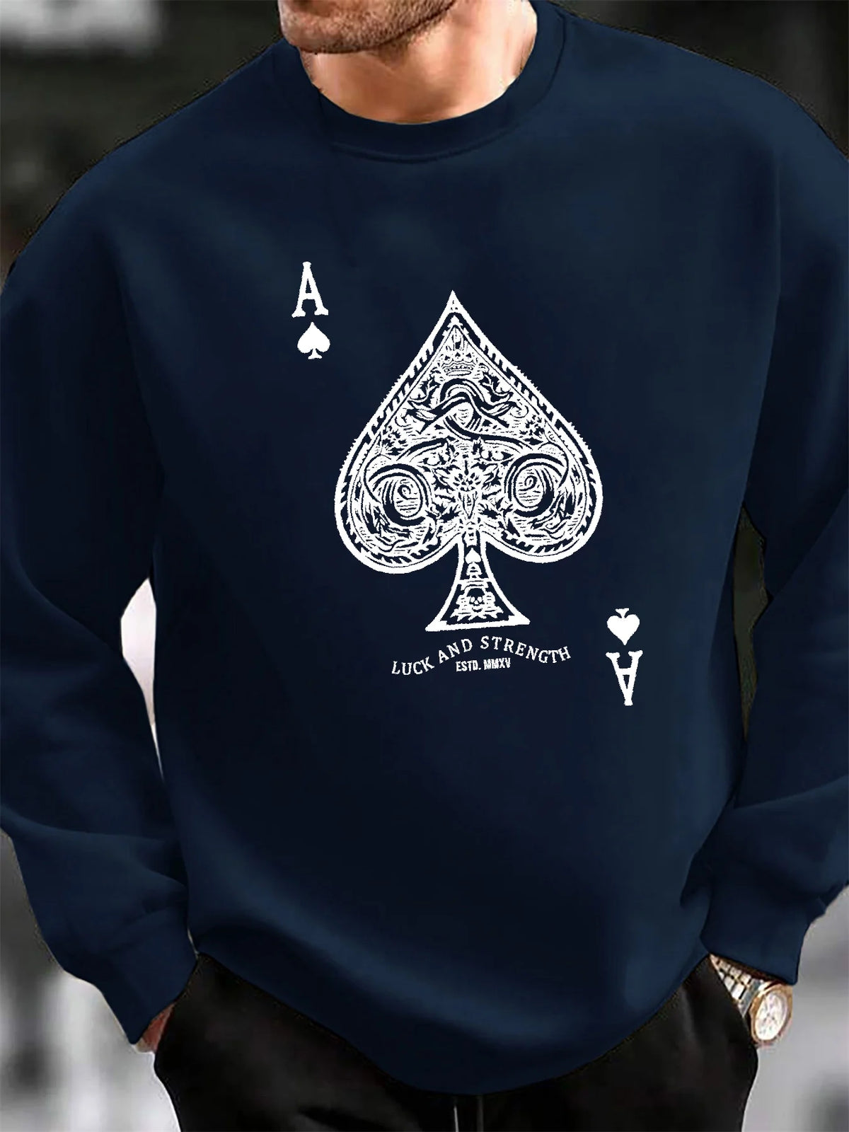 Men's autumn and winter fashionable casual loose fashion Poker A printed pullover long sleeved warm round neck sweatshirt