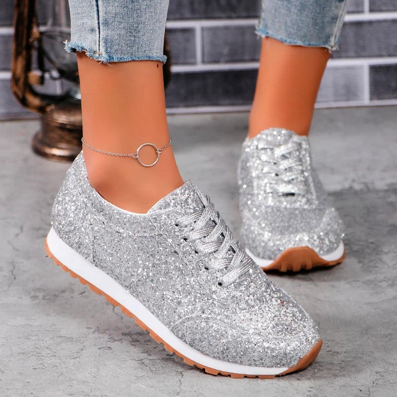 2026 New Lightweight Women's Glitter Sneakers Spring Autumn Lace Up Low Heel Sport Shoes Women Comfort Non Slip Walking Shoes