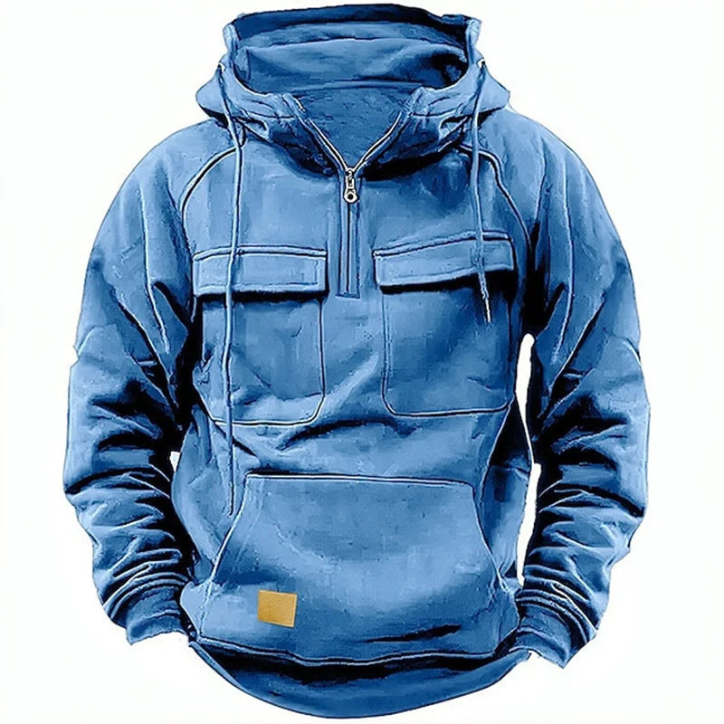 Autumn Winter Hoodies Men half-zip Patchwork Warm Fleece Sweatshirts Multi Pockets Male Fashion casual pullover Outdoor Hoodie