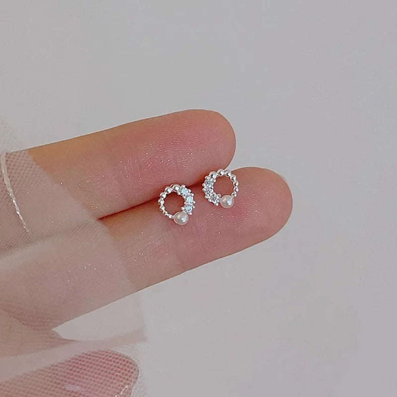 925 Sterling Silver Jewelry Unique Round Crystal Pearl Stud Earrings for Women Wedding Party Jewelry For Girls Friend Gift