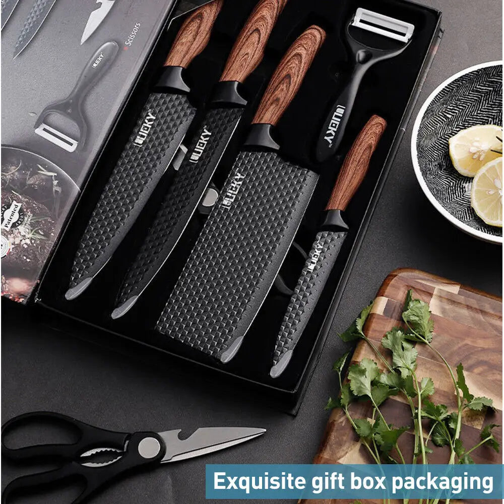 KEPEAK 6pcs Stainless Steel Kitchen Knives Set Tools Forged Knife Scissors Vegetable Peeler Slicer Paring Knife Diamond Pattern