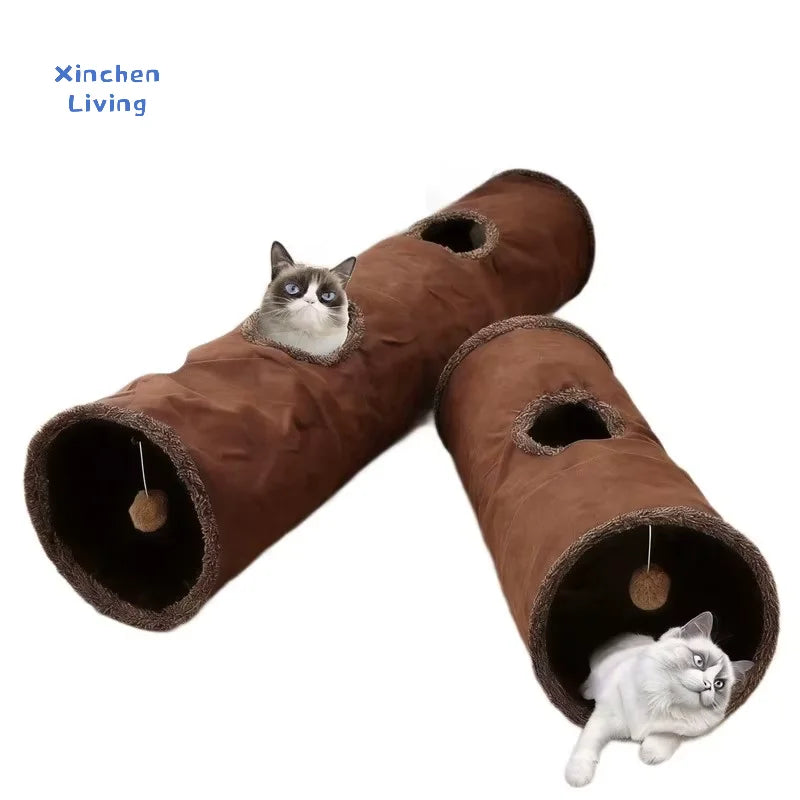 Cat Tunnel Foldable Large Brown Suede Interactive Pet Toy With Peepholes Bubble Ball Indoor Outdoor Collapsible Hot New