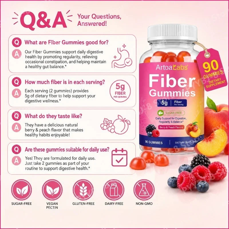 ArtoaLabs Vegan Pectin Fiber Gummies, Sugar-Free, 5g Fiber Per Serving To Support Gut Health & Nutrient Absorption - 90 Gummies