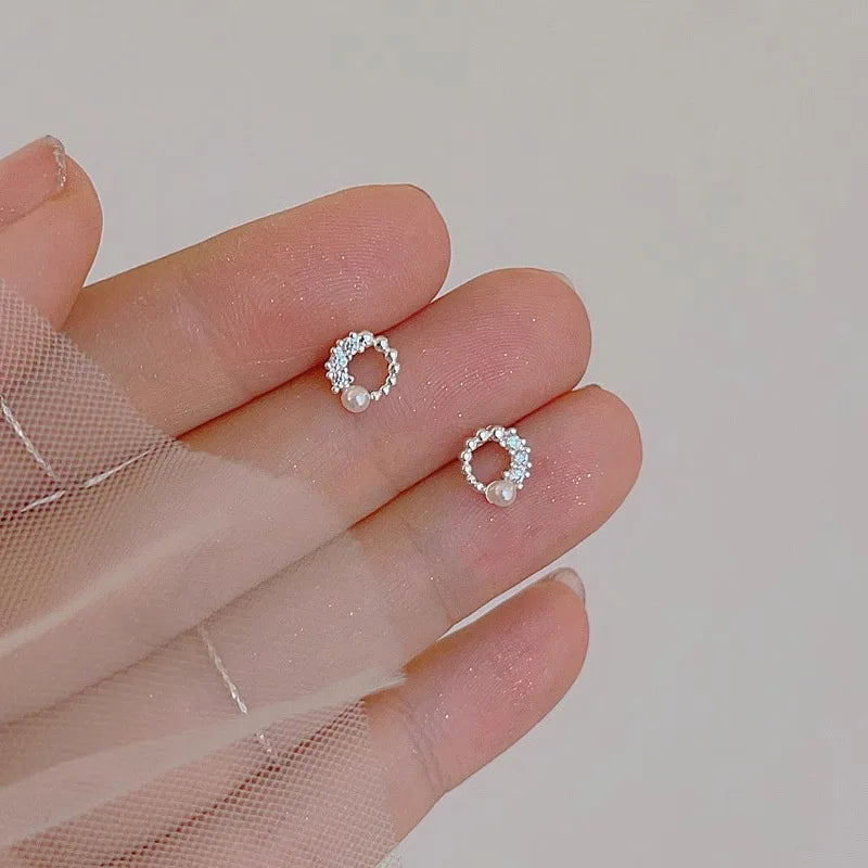 925 Sterling Silver Jewelry Unique Round Crystal Pearl Stud Earrings for Women Wedding Party Jewelry For Girls Friend Gift