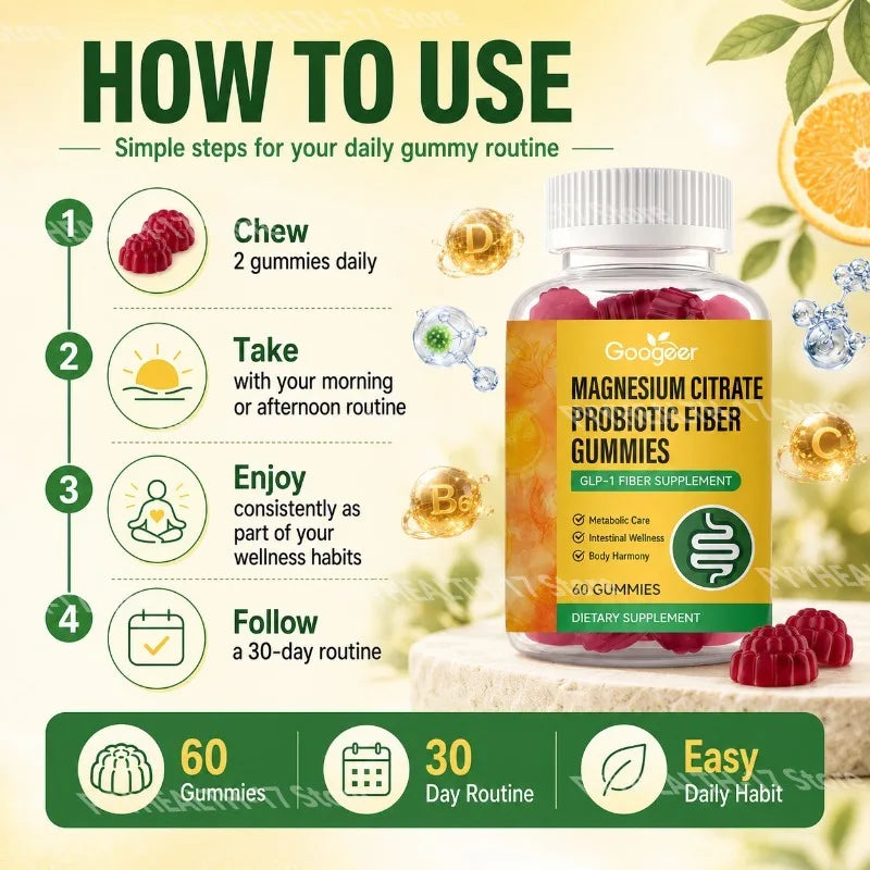 Googeer Magnesium Citrate Probiotic Fiber Gummies for Light and Comfortable After-Meal Feeling and Digestive Rhythm - 60 Gummies