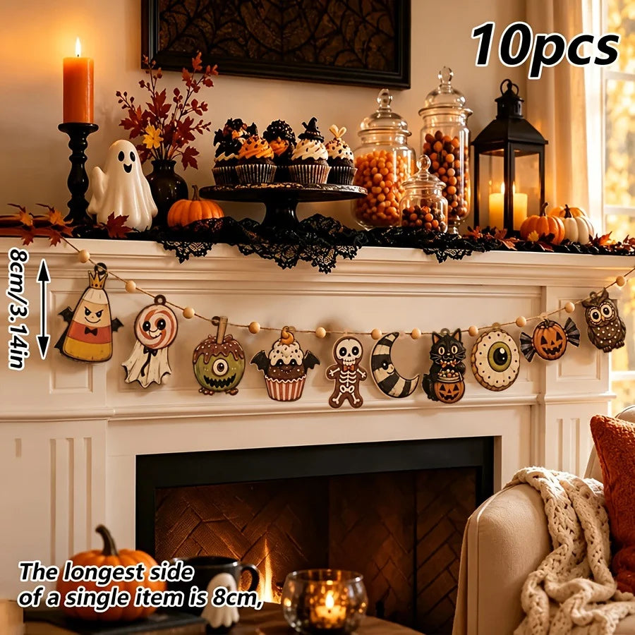 10 vintage Halloween wooden banners featuring wreaths, pumpkins, moons, ghosts, and wooden flags are cute and mysterious autumn party decorations, suitable for party decor, door decoration, window decoration, and festive part
