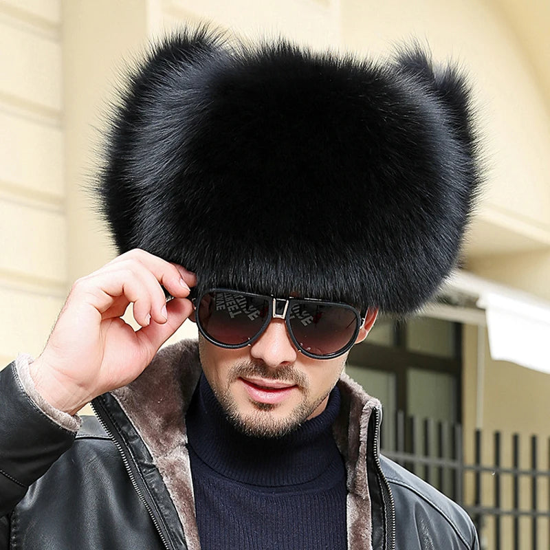 Winter Men's Ushanka Cap Real Silver Fox Fur Hooded Raccoon Fur Trapper Russian Ski Hat Real Leather