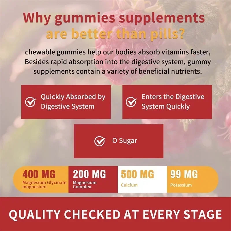 Magnesium Glycinate Gummies - Calm, Relieves Stress, Promotes Sleep, Support Memory, Concentration & Muscle Spasms