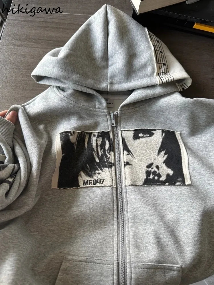Hooded Sweatshirts Women's Clothing Retro Patchwork Portrait Print Jackets Y2k Tops 2025 Ropa Mujer Casual Fashion Hoodies Coats