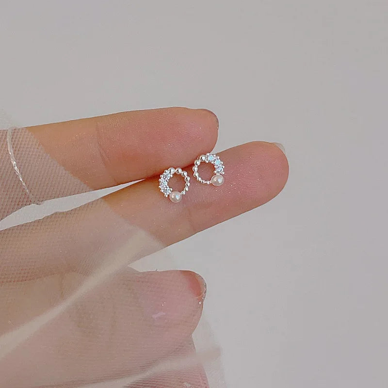 925 Sterling Silver Jewelry Unique Round Crystal Pearl Stud Earrings for Women Wedding Party Jewelry For Girls Friend Gift