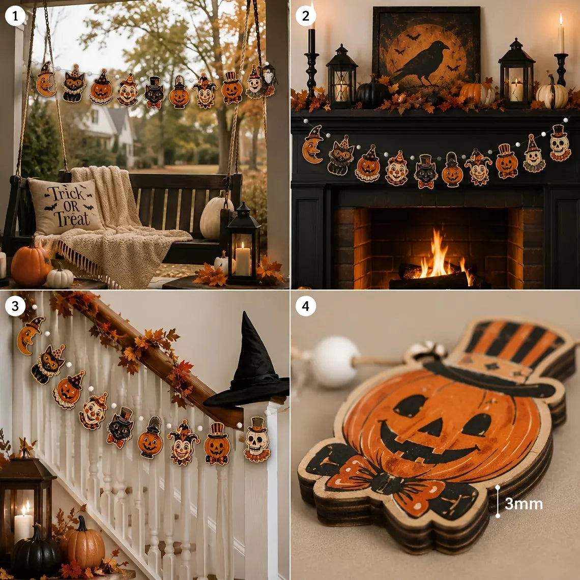 10 vintage Halloween wooden banners featuring wreaths, pumpkins, moons, ghosts, and wooden flags are cute and mysterious autumn party decorations, suitable for party decor, door decoration, window decoration, and festive part