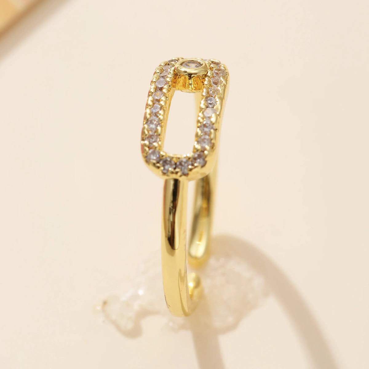 Golden Plated Open Adjustable Ring with Synthetic Zircon Paperclip Charm for Women Minimalist Trendy Statement Jewelry Gift