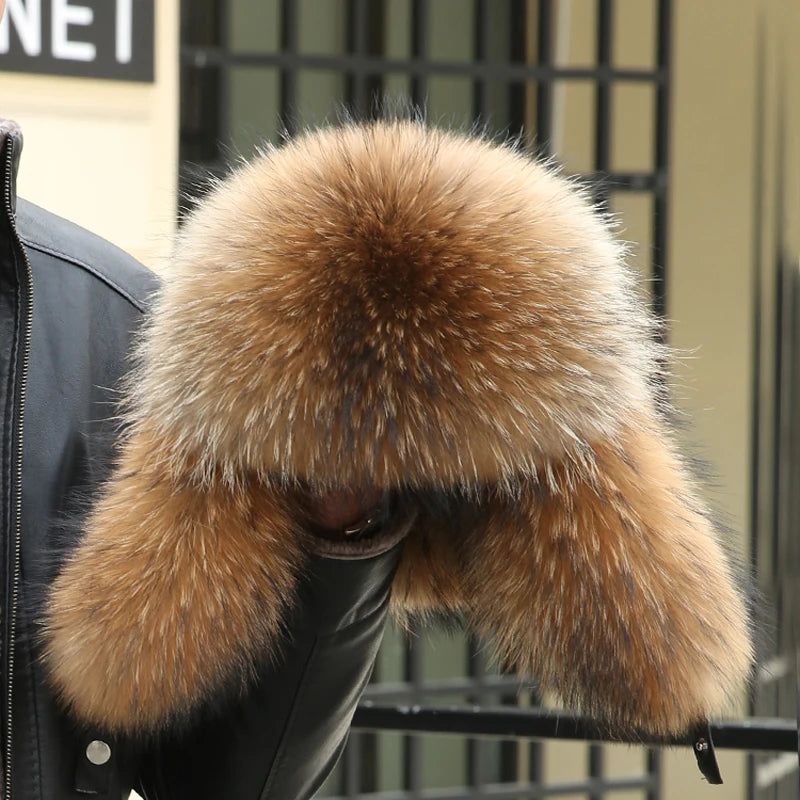Winter Men's Ushanka Cap Real Silver Fox Fur Hooded Raccoon Fur Trapper Russian Ski Hat Real Leather