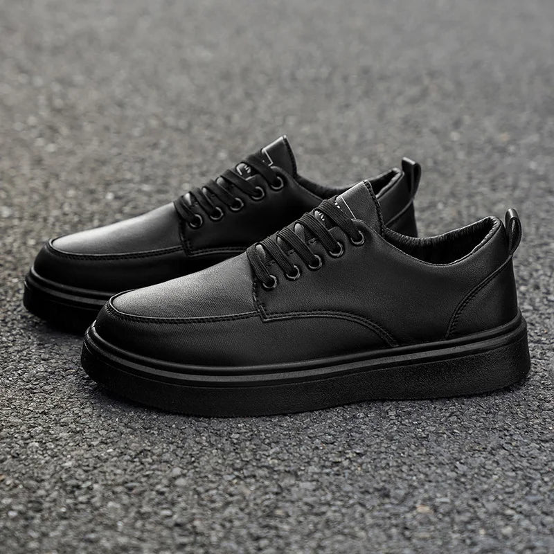 Men's Classic Leather Platform Sneakers - Casual Lace-Up Low-Top Shoes, Comfortable Thick Sole Walking Shoes for Men