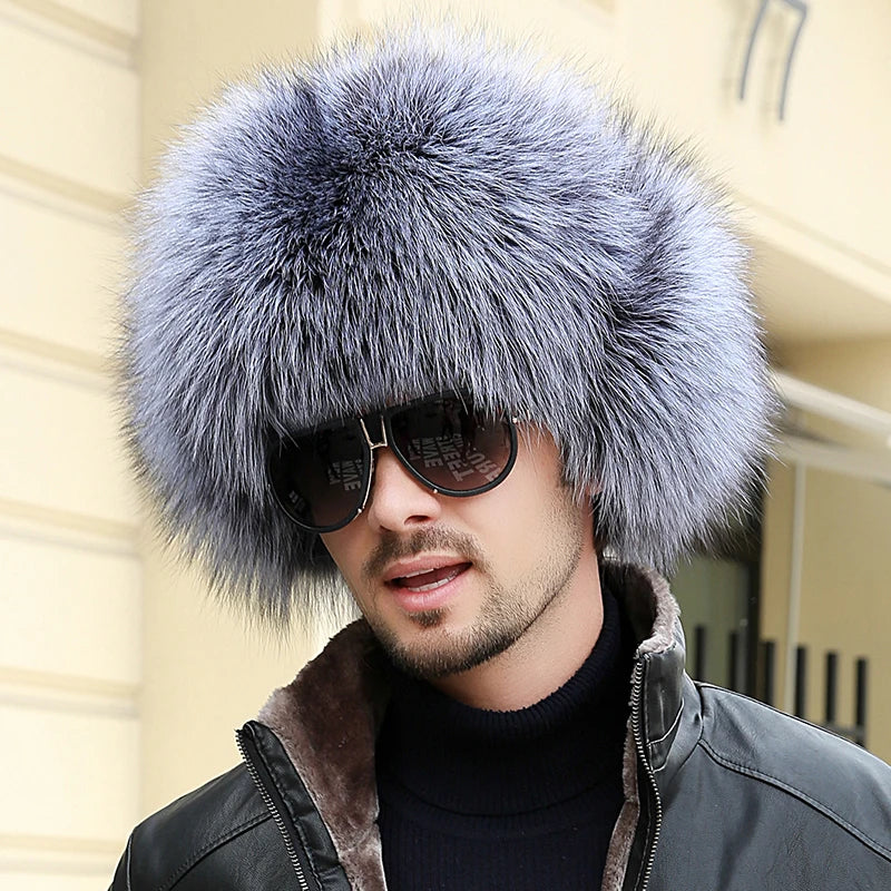 Winter Men's Ushanka Cap Real Silver Fox Fur Hooded Raccoon Fur Trapper Russian Ski Hat Real Leather