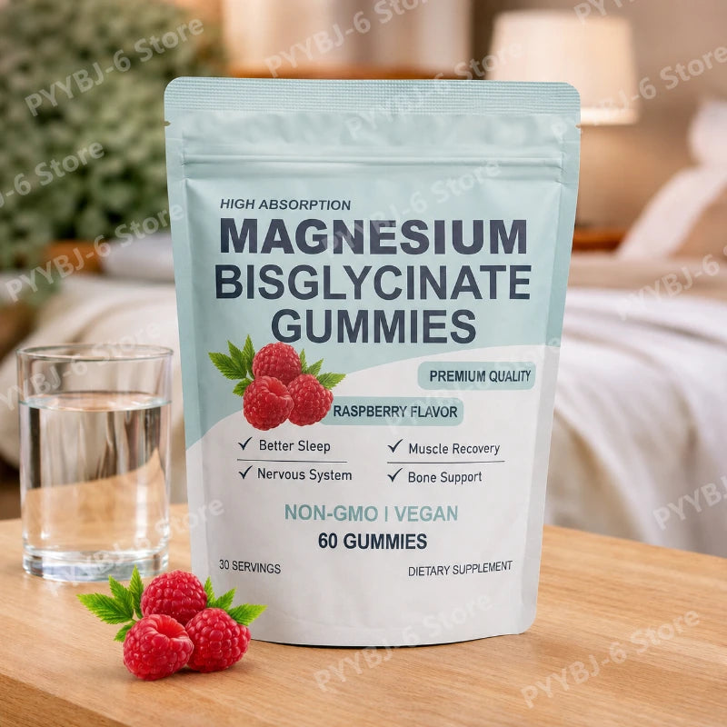 High Absorption Magnesium Bisglycinate Gummies Vegan Raspberry Flavor 60 Count Support Muscle Bone Health Non GMO Gluten Free