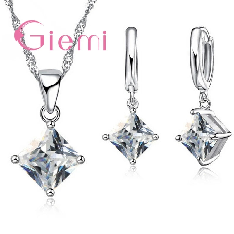 Classic 925 Sterling Silver Jewelry Sets 4 Claw Rhombus Cubic Zircon Pendant Necklace Earring Set Women Party Jewelry Gift