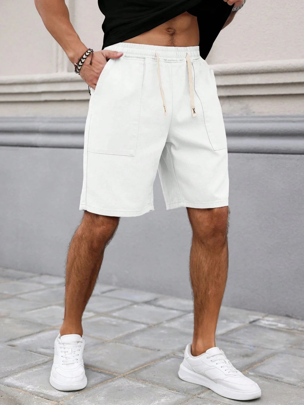 Summer Men's Retro American Style Shorts with Drawstring Casual Pants Included Solid Color Trendy Mid-Length Men's Shorts