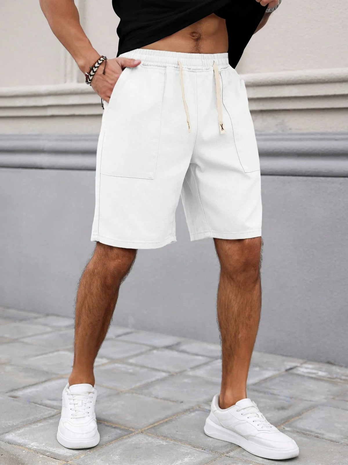 Summer Men's Retro American Style Shorts with Drawstring Casual Pants Included Solid Color Trendy Mid-Length Men's Shorts