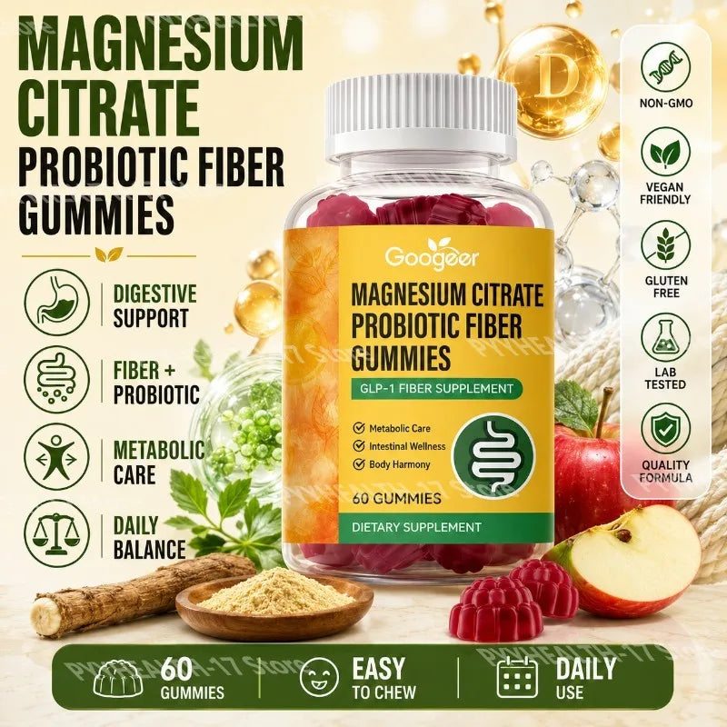 Googeer Magnesium Citrate Probiotic Fiber Gummies for Light and Comfortable After-Meal Feeling and Digestive Rhythm - 60 Gummies