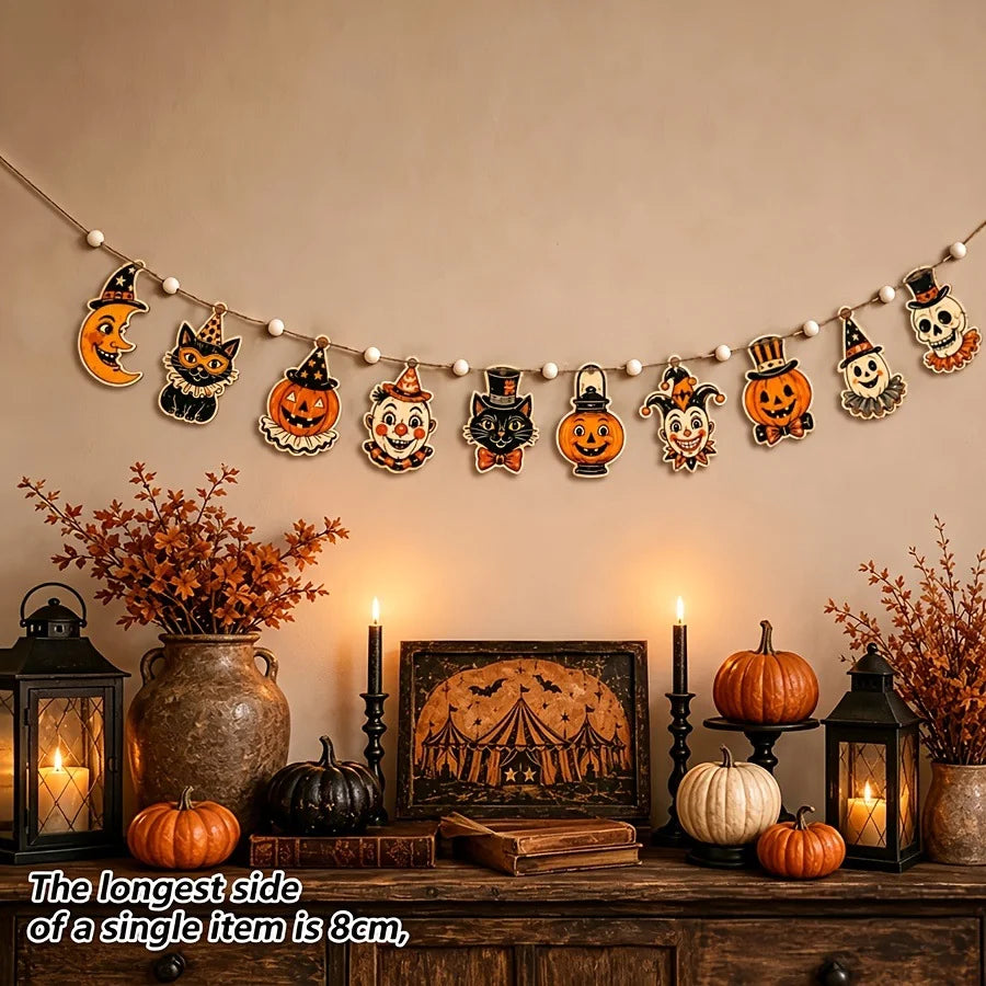 10 vintage Halloween wooden banners featuring wreaths, pumpkins, moons, ghosts, and wooden flags are cute and mysterious autumn party decorations, suitable for party decor, door decoration, window decoration, and festive part