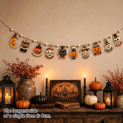 10 vintage Halloween wooden banners featuring wreaths, pumpkins, moons, ghosts, and wooden flags are cute and mysterious autumn party decorations, suitable for party decor, door decoration, window decoration, and festive part