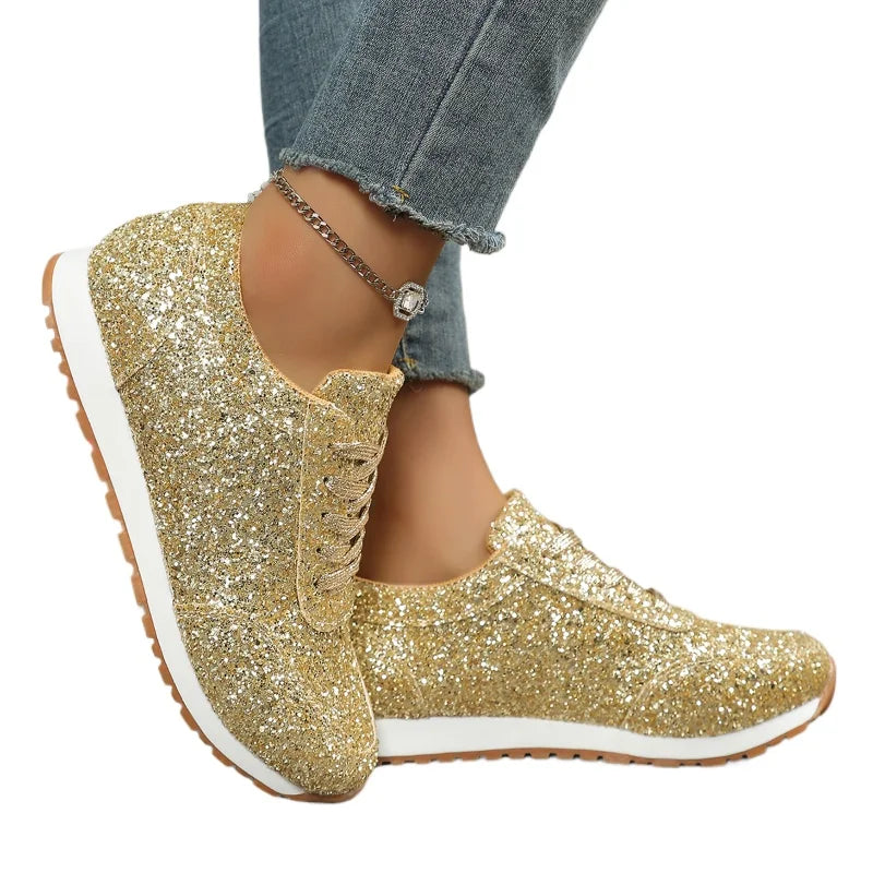 2026 New Lightweight Women's Glitter Sneakers Spring Autumn Lace Up Low Heel Sport Shoes Women Comfort Non Slip Walking Shoes