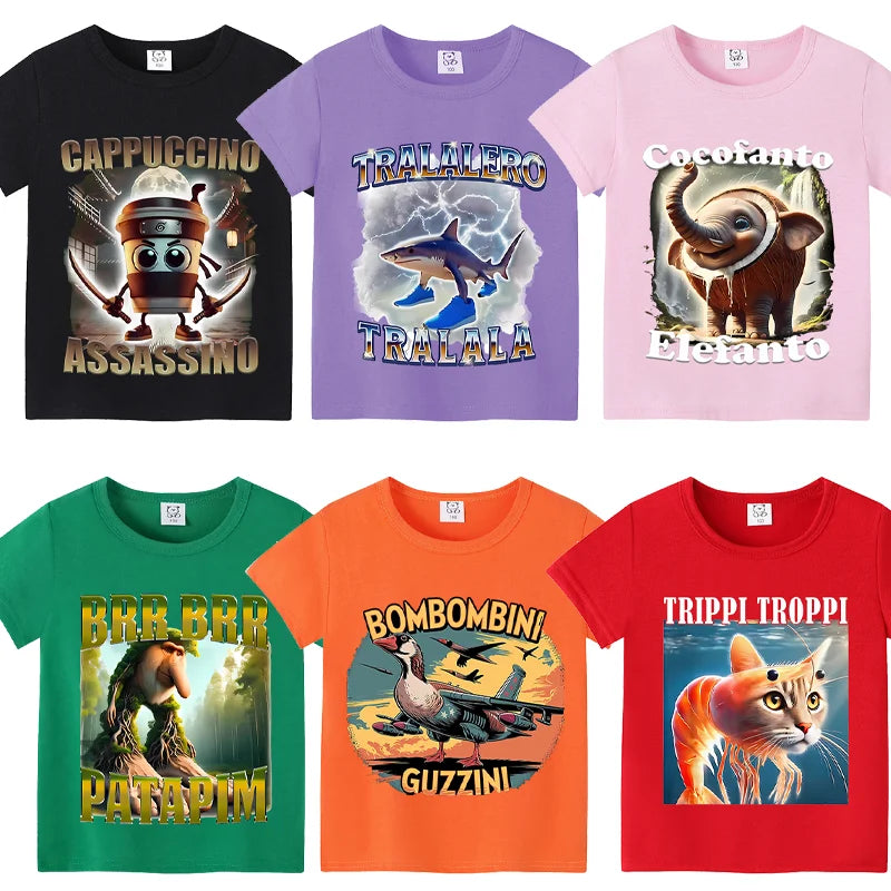 Italian Brainrot Colorful Shirt Summer Short Sleeve T-Shirt Boy Cute Clothes Kid Cotton Anime Tops Cartoon Digital Baby Tee Gift