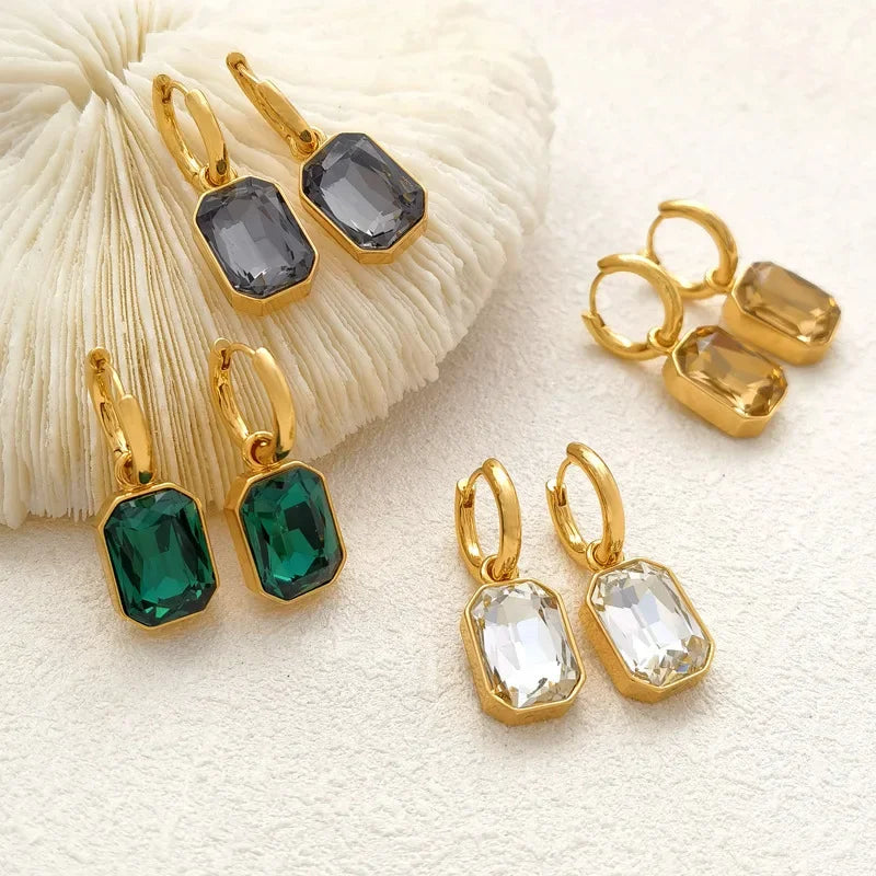 Stainless Steel High Quality Green Geometric Crystal Dangle Earrings for Women Retro Fashion Hoop Emerald Jewelry Accessory Gift