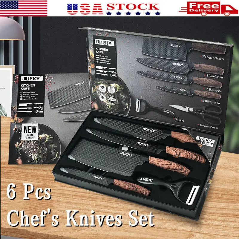 KEPEAK 6pcs Stainless Steel Kitchen Knives Set Tools Forged Knife Scissors Vegetable Peeler Slicer Paring Knife Diamond Pattern