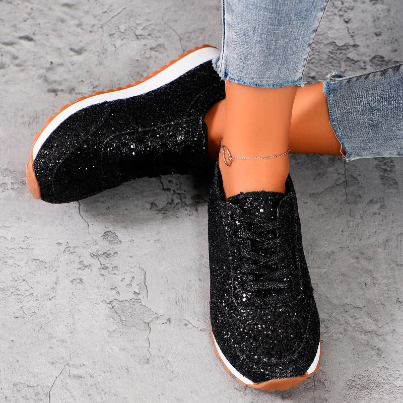 2026 New Lightweight Women's Glitter Sneakers Spring Autumn Lace Up Low Heel Sport Shoes Women Comfort Non Slip Walking Shoes