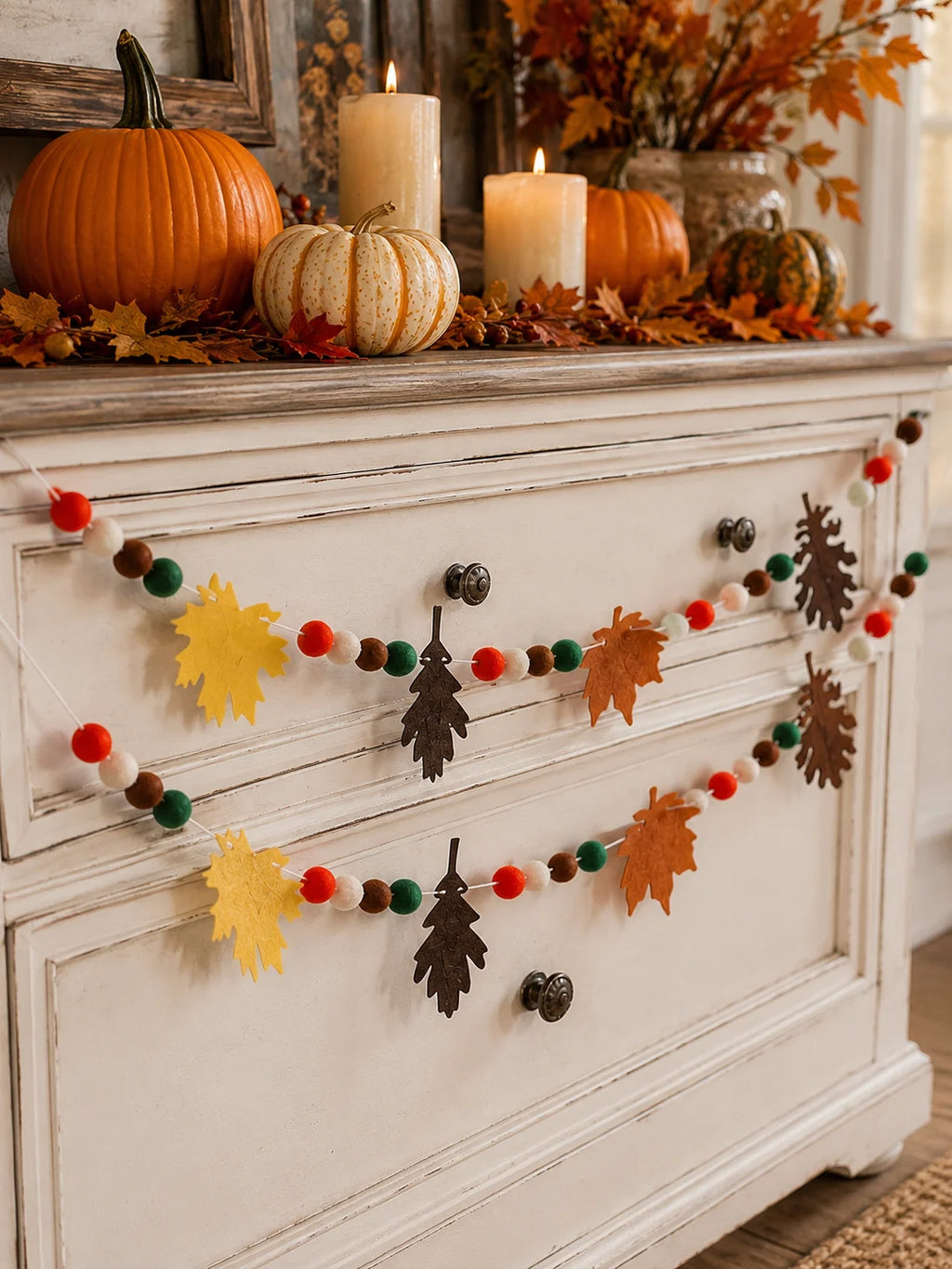 Fall Felt Maple Oak Leaf Garland Pom Banner Thanksgiving Harvest Fireplace Window Farmhouse Home Wall Hanging Party Decor