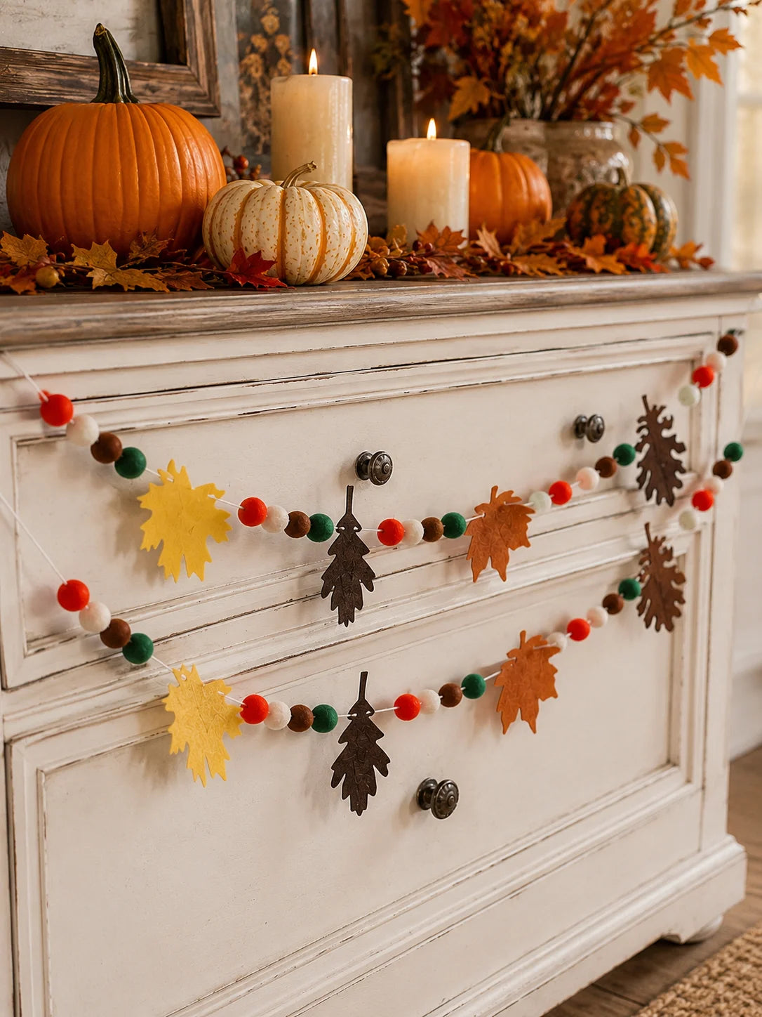 Fall Felt Maple Oak Leaf Garland Pom Banner Thanksgiving Harvest Fireplace Window Farmhouse Home Wall Hanging Party Decor