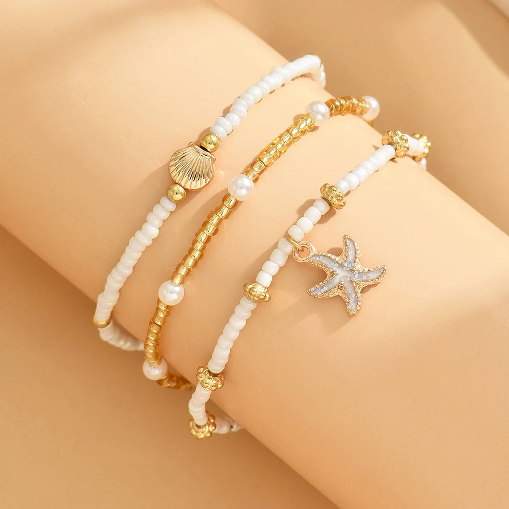 3PCS Set Beach Anklet for Women Bohemian Starfish Shell Glass Beaded Gold Silver Adjustable Summer Vacation Jewelry