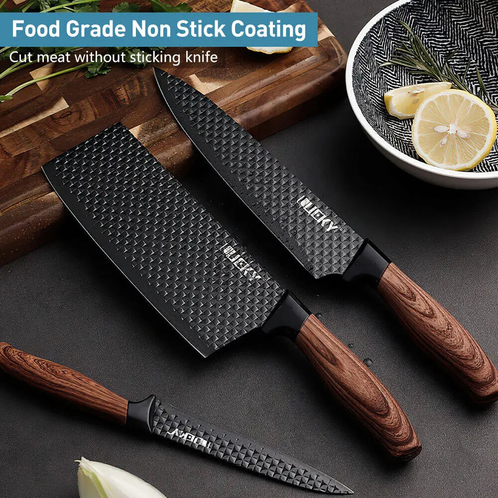 KEPEAK 6pcs Stainless Steel Kitchen Knives Set Tools Forged Knife Scissors Vegetable Peeler Slicer Paring Knife Diamond Pattern