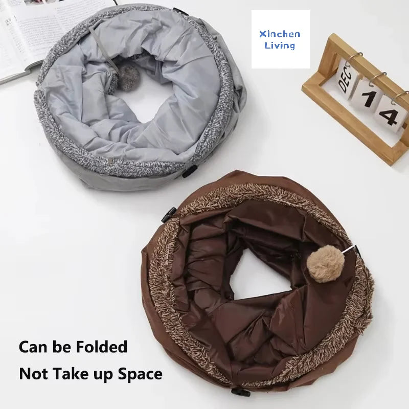 Cat Tunnel Foldable Large Brown Suede Interactive Pet Toy With Peepholes Bubble Ball Indoor Outdoor Collapsible Hot New