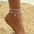 3PCS Set Beach Anklet for Women Bohemian Starfish Shell Glass Beaded Gold Silver Adjustable Summer Vacation Jewelry