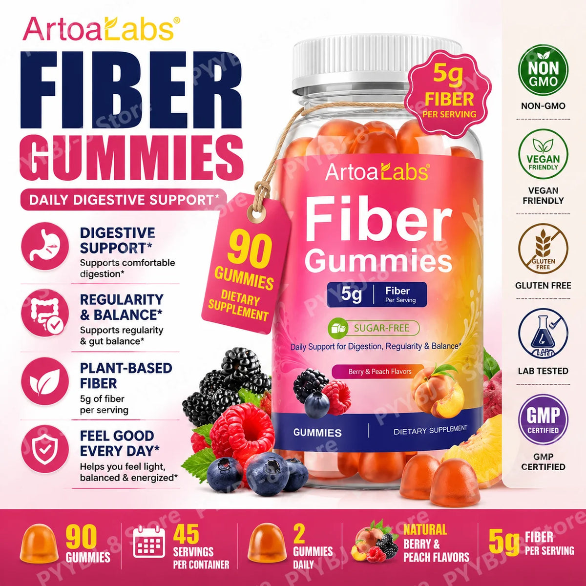 ArtoaLabs Vegan Pectin Fiber Gummies, Sugar-Free, 5g Fiber Per Serving To Support Gut Health & Nutrient Absorption - 90 Gummies