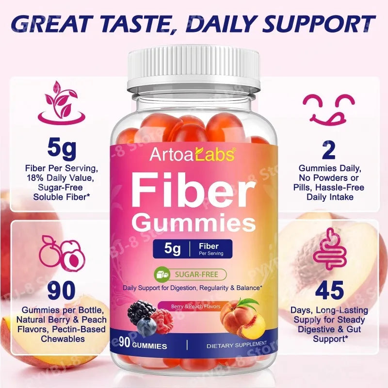 ArtoaLabs Vegan Pectin Fiber Gummies, Sugar-Free, 5g Fiber Per Serving To Support Gut Health & Nutrient Absorption - 90 Gummies