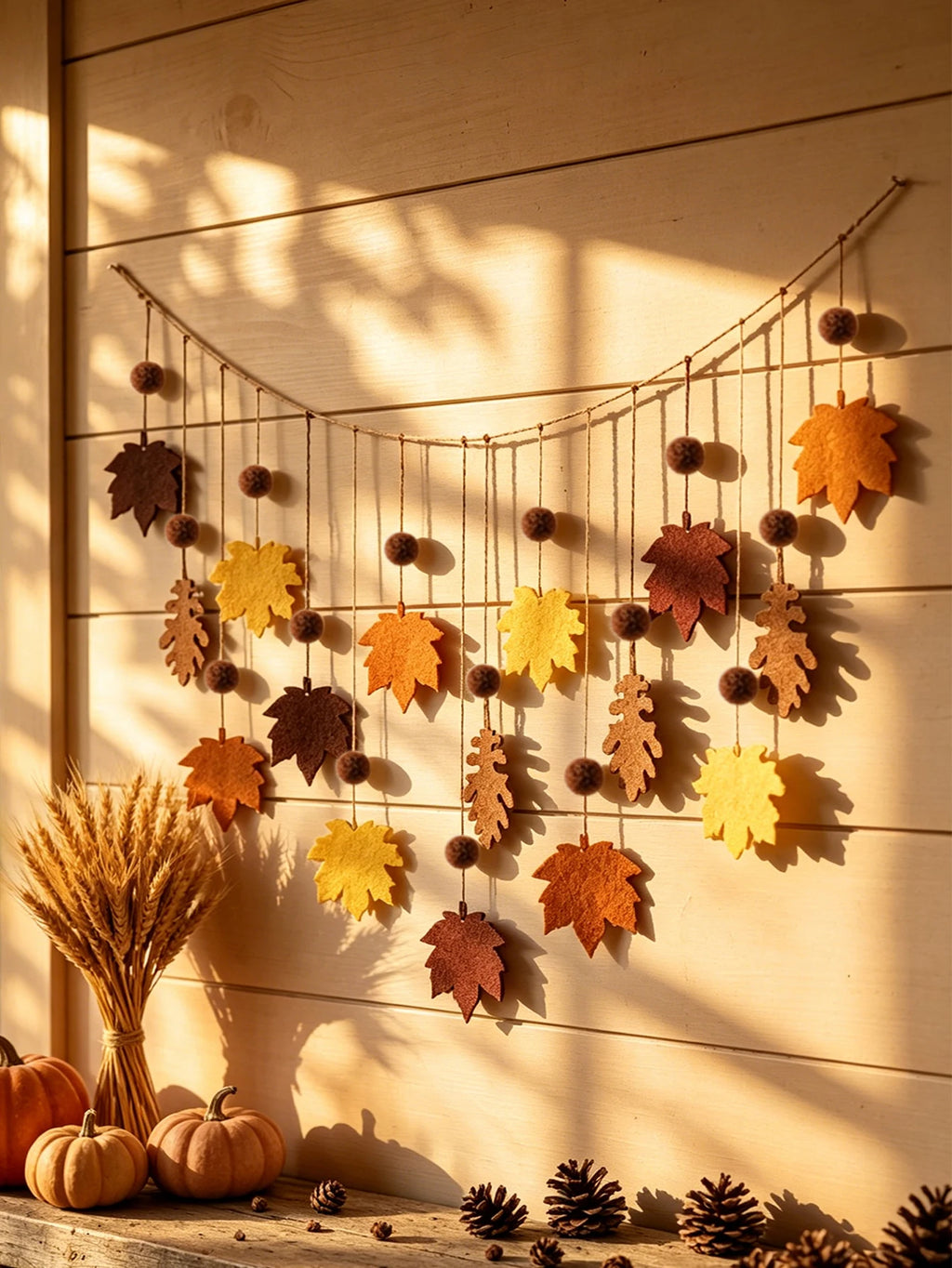 Fall Felt Maple Oak Leaf Garland Pom Banner Thanksgiving Harvest Fireplace Window Farmhouse Home Wall Hanging Party Decor
