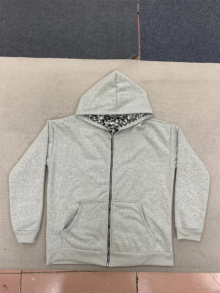 Autumn Winter Leopard Grey Double Sided Zipper Hoodie Men's Casual High Street Warmth Hoodie Men's Autumn Clothing