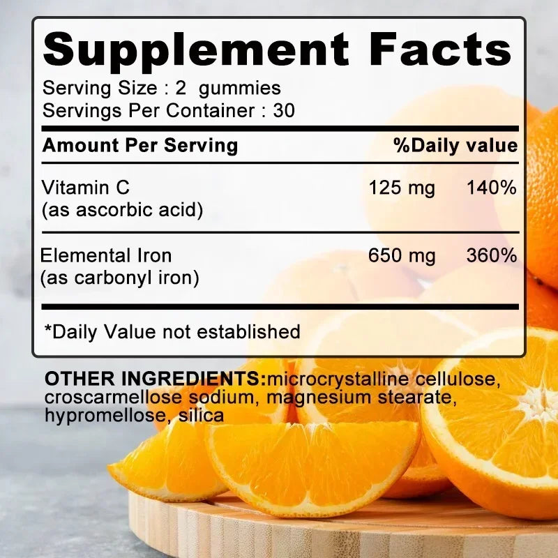 Iron Gummies 650 Mg - Supports Red Blood Cell Production, Promotes Absorption, Relieves Fatigue, Improves Energy, Gluten-free