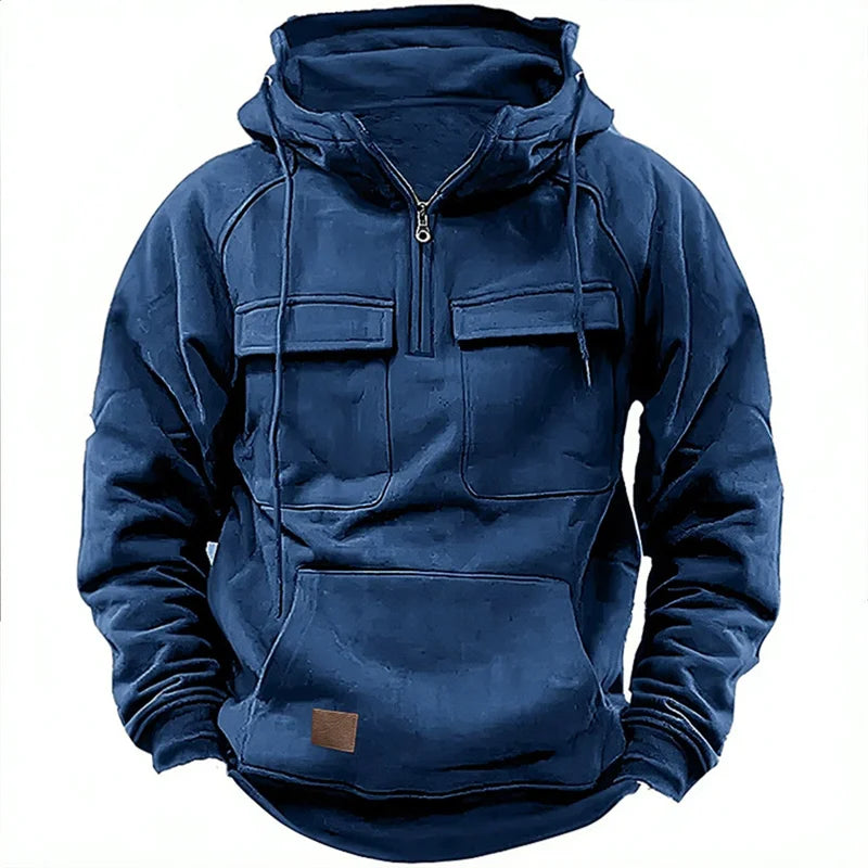 Autumn Winter Hoodies Men half-zip Patchwork Warm Fleece Sweatshirts Multi Pockets Male Fashion casual pullover Outdoor Hoodie