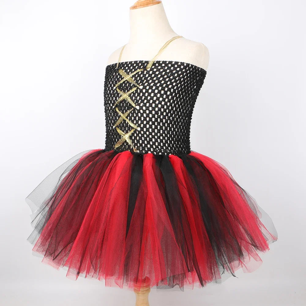 Girls Pirate Costume Kids Halloween Carnival Party Dress Up Clothes Black Red Toddler Girls Pirates Tulle Princess Tutu Dress