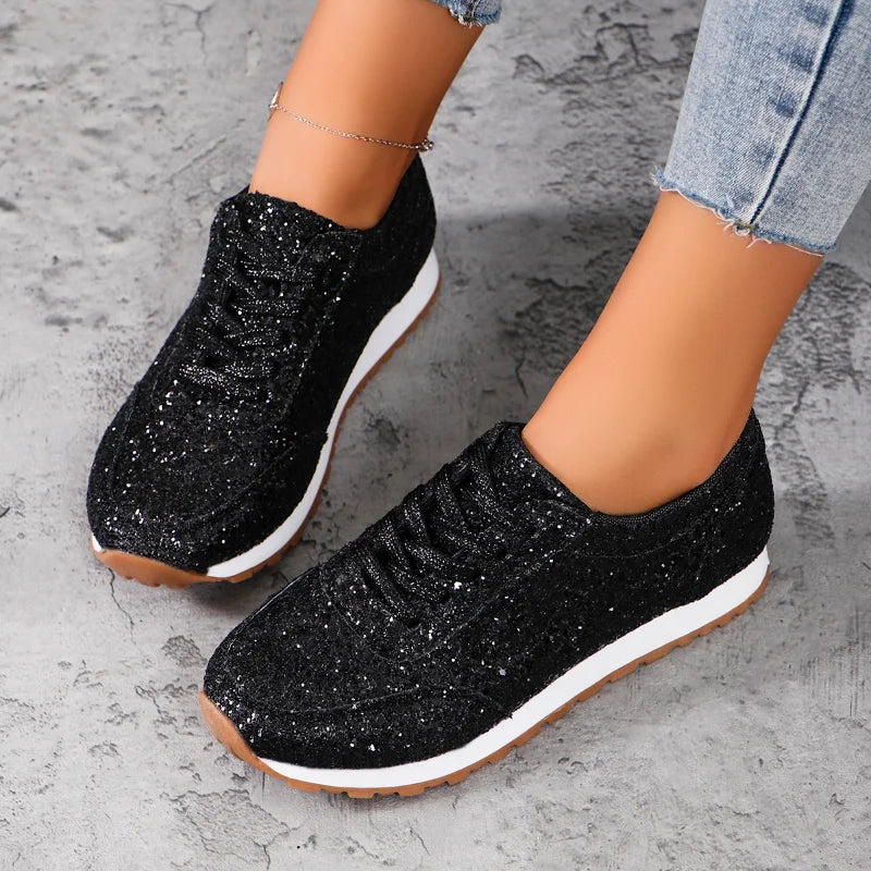 2026 New Lightweight Women's Glitter Sneakers Spring Autumn Lace Up Low Heel Sport Shoes Women Comfort Non Slip Walking Shoes