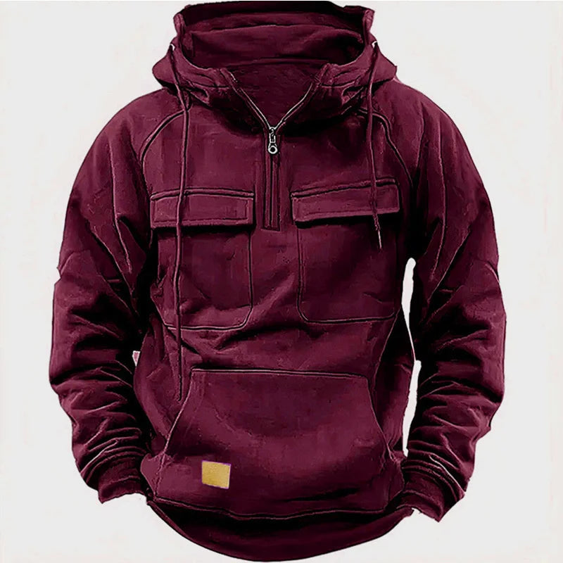 Autumn Winter Hoodies Men half-zip Patchwork Warm Fleece Sweatshirts Multi Pockets Male Fashion casual pullover Outdoor Hoodie