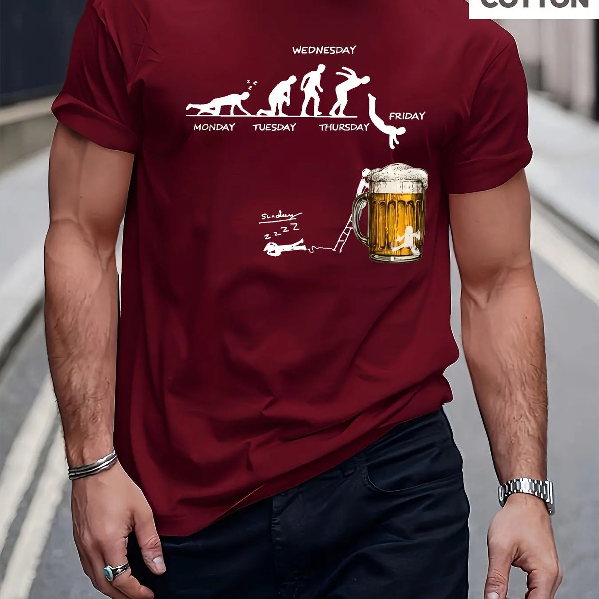 Men's Summer 100 Cotton Fashionable Casual Loose Large Fun Beer Pattern Printed Sports Round Neck Short Sleeve T-shirt Top