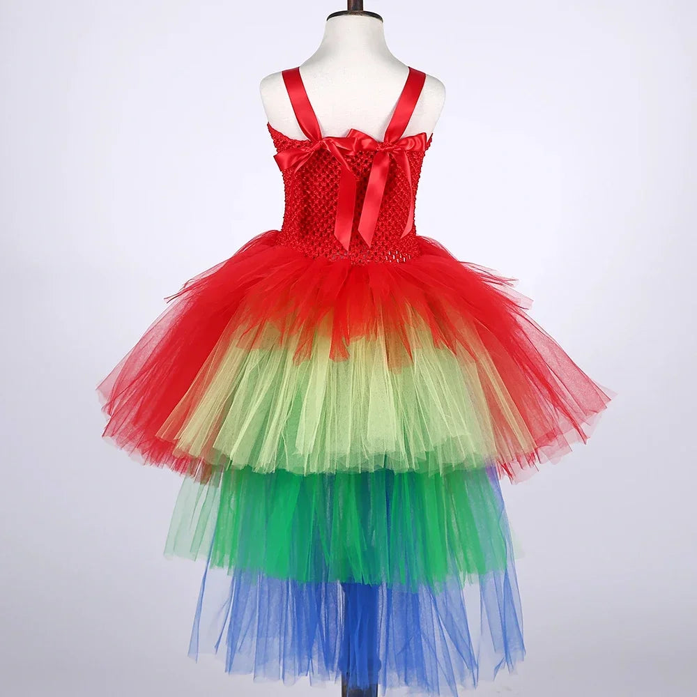 Girls Macaw Parrot Costume for Kids Rainbow Train Bird Tutu Dress Up Clothes Toddler Girl Halloween Party Tulle Princess Dress